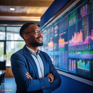 A Nigerian teacher standing in front of a "Data Wall" - a colorful, interactive display of student performance metrics, attendance records, and other key indicators, all generated by the School Management Software.; Bluerain School Management Software