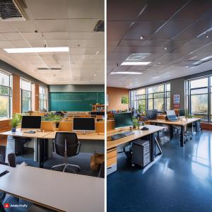 A split-screen image of a traditional school administrative office (left) and a modern office using School ERP software (right), highlighting the contrast between outdated and innovative administrative processes.; Bluerain School Management Software