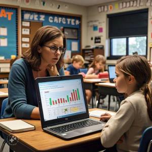 A teacher is sitting directly opposite her student which has a computer in front of her (i.e in between them); Bluerain School Management Software