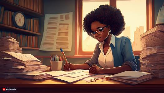 An animated image of a female teacher doing some work at her desk in her office; Bluerain School Management Software