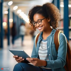 A student using a tablet to access digital learning materials and submit assignments online.; Bluerain School Management Software