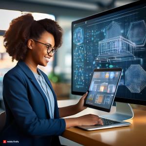 A photo of a school administrator or teacher using a tablet or laptop, with a customized dashboard or int A photo of a school administrator or teacher using a tablet or laptop, with a customized dashboard or interface of school management software on the screen. of school management software on the screen.; Bluerain School Management Software