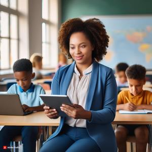 A teacher using a tablet to access school management software, with students working on laptops in the background.; Bluerain School Management Software