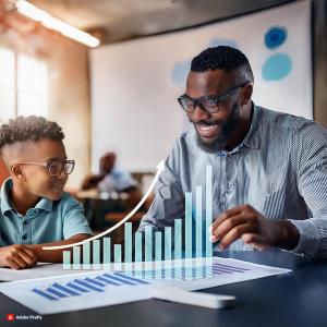 A graph or chart showing an upward trend, with a teacher and student analyzing the data together.; Bluerain School Management Software