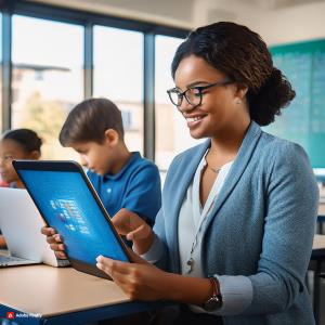 A teacher using a tablet to access Bluerain software, with a student working on a laptop in the background.; Bluerain School Management Software