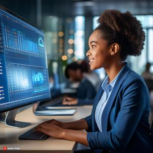 A school administrator working on a computer, with a dashboard displaying student data and analytics from Bluerain software.; Bluerain School Management Software