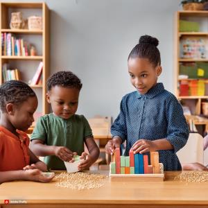 A photo of a Montessori classroom in Nigeria, with students engaged in hands-on activities, such as pouring, sorting, and building.; Bluerain School Management Software