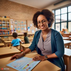 A picture of a Nigerian teacher in a Montessori classroom, smiling and guiding a student, with a caption highlighting the importance of trained teachers.; Bluerain School Management Software