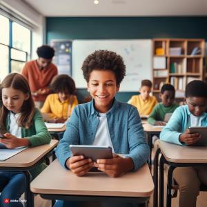 A group of Nigerian students using tablets with School ERP software, engaged in a collaborative learning activity, with a teacher facilitating in the background.; Bluerain School Management Software