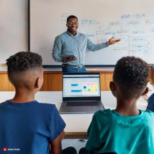 A Nigerian teacher standing in front of a whiteboard, with a laptop open to a School ERP software dashboard, surrounded by students engaged in a lesson.; Bluerain School Management Software