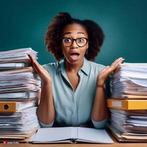 A photo of a school administrator or teacher surrounded by stacks of files, papers, and manual records, with a frustrated expression.; Bluerain School Management Software