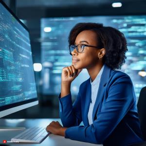 A photo of a school administrator or IT professional, with a thoughtful expression, looking at a computer screen displaying a school management software login page or security settings.; Bluerain School Management Software