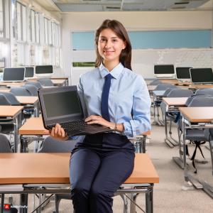 A female student holding a laptop.; Bluerain School Management Software