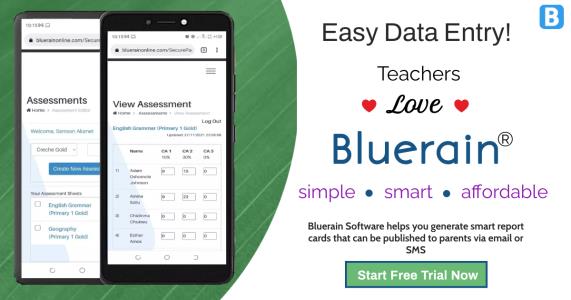 A graphic design of a phone with texts on it; Bluerain School Management Software