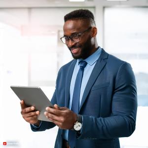 A photo of a school administrator or teacher using a tablet or laptop, with a look of ease and efficiency.; Bluerain School Management Software