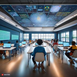 A Nigerian school’s "Digital Hub" - a futuristic-looking room filled with students, teachers, and administrators collaborating on laptops and tablets, surrounded by screens displaying real-time data and analytics from the School Management Software.; Bluerain School Management Software