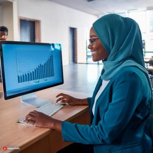 A school administrator analyzing data on student performance on a computer, with a graph showing improvement.; Bluerain School Management Software