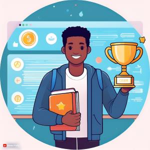 An illustration of a student receiving a trophy or badge; Bluerain School Management Software