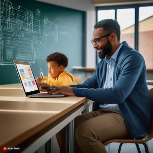 A school principal looking at Bluerain software on a laptop; Bluerain School Management Software