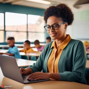 A teacher using a laptop to track student attendance and grades in a classroom.; Bluerain School Management Software
