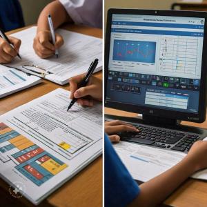 A split-screen image, with a manual data collection process (paper, pen, and errors) on one side, and a school management software dashboard (automated, accurate, and efficient) on the other.; Bluerain School Management Software