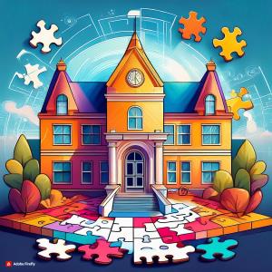 An illustration of a puzzle piece fitting into place, representing customized school management software meeting the unique needs of an educational institution.; Bluerain School Management Software