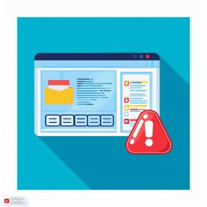 An illustration of a school management software dashboard or interface, with a red "alert" or " warning" symbol, highlighting the importance of security features.; Bluerain School Management Software