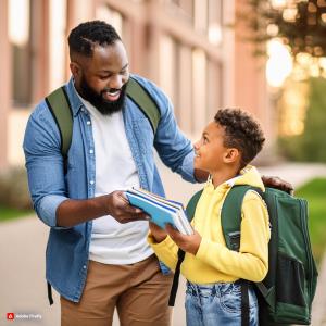 A man giving his son carrying a school bag, some books.; Bluerain School Management Software