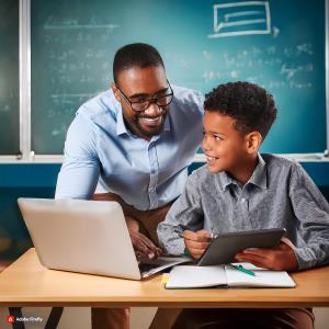 A photo of a teacher working one-on-one with a student, with a laptop or tablet open to a personalized learning platform.; Bluerain School Management Software