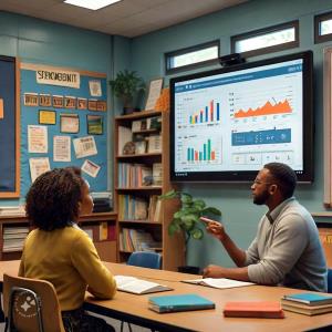 A parent and teacher discussing student progress on Bluerain software; Bluerain School Management Software
