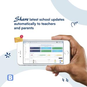 A hand holding a mobile phone ; Bluerain School Management Software