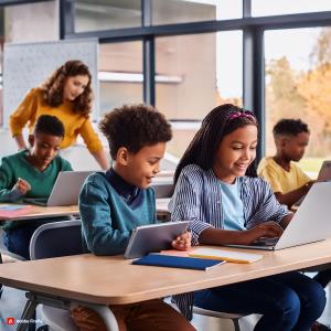 A group of diverse students working together on laptops or tablets, with a teacher assisting in the background.; Bluerain School Management Software