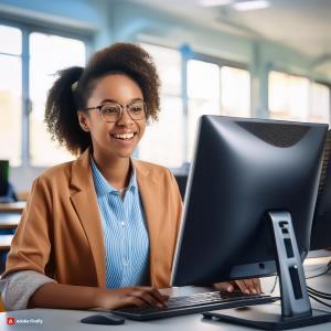 A school administrator smiling while working on Bluerain software; Bluerain School Management Software