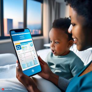 A parent accessing their child’s progress report on their mobile device, with a screenshot of the Bluerain portal.; Bluerain School Management Software