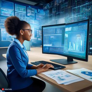 A school administrator working on a computer, with a dashboard displaying Bluerain software, surrounded by notes and diagrams.; Bluerain School Management Software