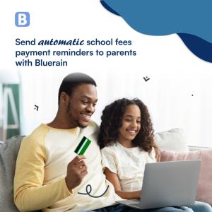 A man holding a card sitting next to a little girl with a laptop; Bluerain School Management Software