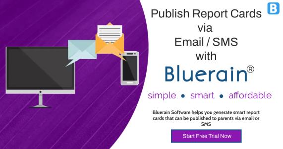 A graphic image showing a phone and some texts ; Bluerain School Management Software