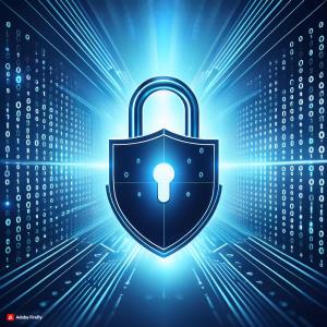 A padlock icon or a shield symbolizing security, with a background of binary code or a subtle gradient of blue and white, representing trust and protection.; Bluerain School Management Software