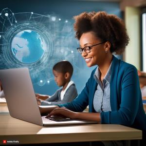 A teacher using a laptop to access Bluerain software, with a student working on a tablet in the background.; Bluerain School Management Software