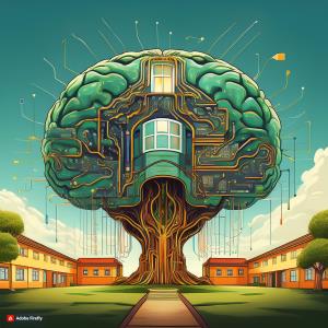 An illustration of a Nigerian school building with a "brain" made of circuits and wires, symbolizing the central role of School Management Software in streamlining administrative tasks and enhancing student learning.; Bluerain School Management Software