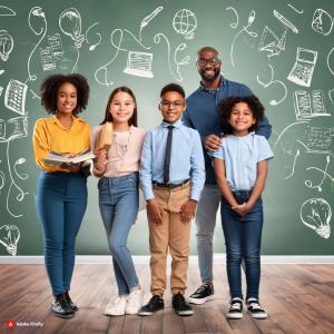 Male teacher standing with students; Bluerain School Management Software