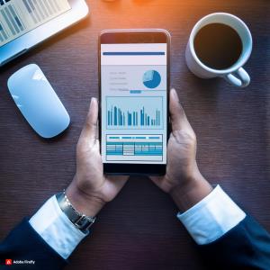 A hand holding a mobile phone with a finance software on display; Bluerain School Management Software
