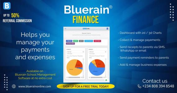 A graphic description of how the bluerain finance feature works; Bluerain School Management Software